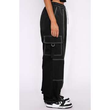 DISCIPBUSH Cargo Pants Women, Stitch Parachute Pants for Women, Rave Pants Y2K Pants, Festival Outfits for Women Black M