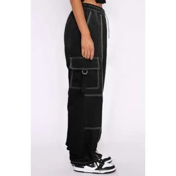 DISCIPBUSH Cargo Pants Women, Stitch Parachute Pants for Women, Rave Pants Y2K Pants, Festival Outfits for Women Black M