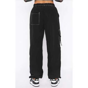 DISCIPBUSH Cargo Pants Women, Stitch Parachute Pants for Women, Rave Pants Y2K Pants, Festival Outfits for Women Black M