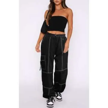 DISCIPBUSH Cargo Pants Women, Stitch Parachute Pants for Women, Rave Pants Y2K Pants, Festival Outfits for Women Black M