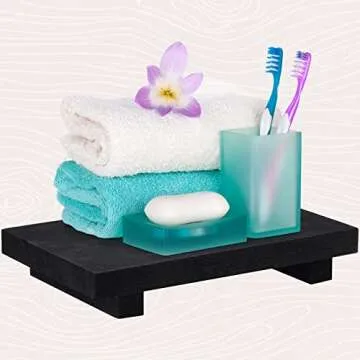 Wood Riser Tray Soap, Stand Soap Tray for Kitchen Sink, Wood Pedestal for Kitchen Counter Sink Stand Decorative Rustic Bathroom Dishes Plant Bottles Candles Display(9 x 6 Inch,Black)