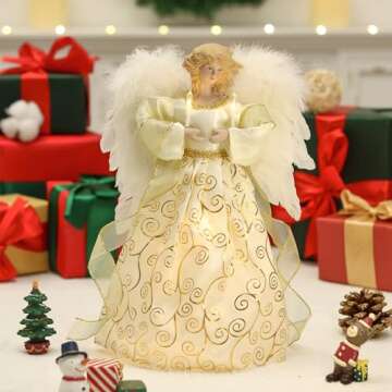 YULISKY Angel Christmas Tree Topper, 14" White Angel Treetopper, 10-Light Angel Tree Topper with Wings, Indoor Christmas Decors, Xmas Home Ornaments (Gold)