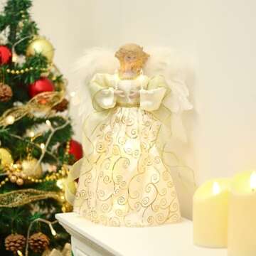 YULISKY Angel Christmas Tree Topper, 14" White Angel Treetopper, 10-Light Angel Tree Topper with Wings, Indoor Christmas Decors, Xmas Home Ornaments (Gold)