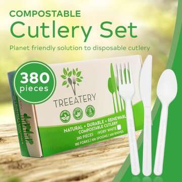 Treeatery - Compostable Cutlery Set, Plant-Based Compostable Utensils Disposable, Dishwasher-Safe Compostable Silverware, 380-Piece Disposable Cutlery, Plant a Tree with Every Box, Ivory White