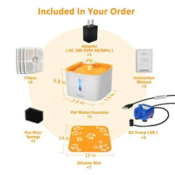 Veken Cat Water Fountain, 84oz Automatic Pet Water Fountain Dog Water Dispenser with 3 Replacement Filters & 1 Silicone Mat for Cats and Small to Medium Dogs (Orange)