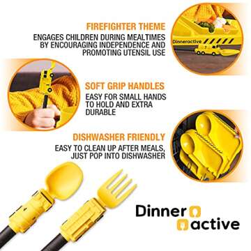 Dinneractive Utensil Set for Kids – Yellow Firefighter Themed Fork and Spoon for Toddlers and Young Children – 2-Piece Set