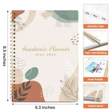 Planner 2024-2025, Academic Year Monthly and Weekly Calender Planner 6.3" x 8.5" - 12 Months (Jul 2024 - Jun 2025), Hardcover Spiral Bound School Teacher Student Planner with monthly Tabs, Inner Pocket-Abstract Botanical