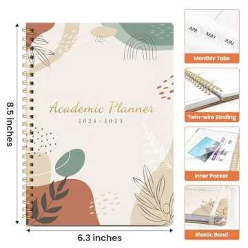Planner 2024-2025, Academic Year Monthly and Weekly Calender Planner 6.3" x 8.5" - 12 Months (Jul 2024 - Jun 2025), Hardcover Spiral Bound School Teacher Student Planner with monthly Tabs, Inner Pocket-Abstract Botanical