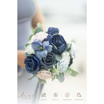 Ling's Moment Blue and White Artificial Flowers Bridesmaid Bouquet Set of 4, Navy Blue and White Wed...