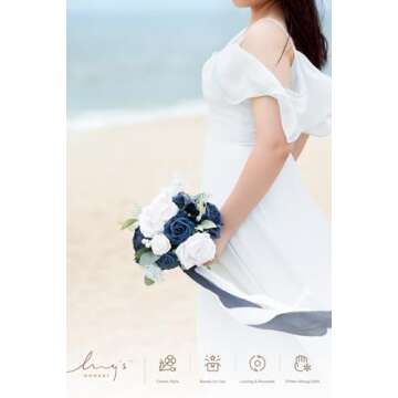 Ling's Moment Blue and White Artificial Flowers Bridesmaid Bouquet Set of 4, Navy Blue and White Wedding Flowers Bouquets for Bridesmaids, 7 Inch Bridal Bouquets for Bridesmaids, Wedding, Ceremony