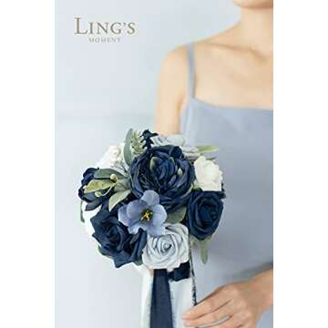 Ling's Moment Blue and White Artificial Flowers Bridesmaid Bouquet Set of 4, Navy Blue and White Wedding Flowers Bouquets for Bridesmaids, 7 Inch Bridal Bouquets for Bridesmaids, Wedding, Ceremony