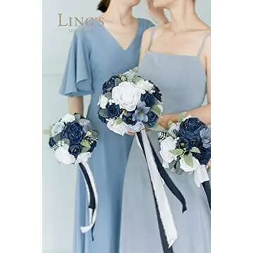 Ling's Moment Blue and White Artificial Flowers Bridesmaid Bouquet Set of 4, Navy Blue and White Wedding Flowers Bouquets for Bridesmaids, 7 Inch Bridal Bouquets for Bridesmaids, Wedding, Ceremony
