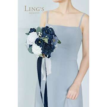 Ling's Moment Blue and White Artificial Flowers Bridesmaid Bouquet Set of 4, Navy Blue and White Wedding Flowers Bouquets for Bridesmaids, 7 Inch Bridal Bouquets for Bridesmaids, Wedding, Ceremony