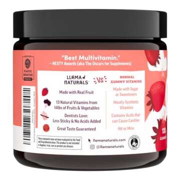 Llama Naturals Real Fruit Gummy Vitamins for Adults, No Added Sugar Cane, Whole Food Multivitamin Gummies for Women and Men, Vegan, Organic, Plant Based, Chewable, 120 Count (30 Day Supply) Strawberry