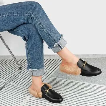 Comfity Mules for Women, Low Heel Flats Backless Slip On Fur Loafers Comfortable Flat Slides Work Shoes Black Fur 7.5 US
