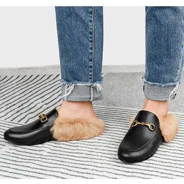 Comfity Mules for Women, Low Heel Flats Backless Slip On Fur Loafers Comfortable Flat Slides Work Shoes Black Fur 7.5 US