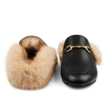 Comfity Mules for Women, Low Heel Flats Backless Slip On Fur Loafers Comfortable Flat Slides Work Shoes Black Fur 7.5 US