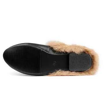 Comfity Mules for Women, Low Heel Flats Backless Slip On Fur Loafers Comfortable Flat Slides Work Shoes Black Fur 7.5 US