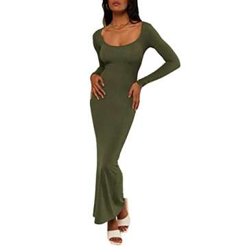 Antopmen Women Scoop Neck Lounge Long Sleeve Casual Maxi Dress Bodycon Ribbed Knitting Mermaid Long Dresses(Medium, ArmyGreen)