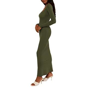 Antopmen Women Scoop Neck Lounge Long Sleeve Casual Maxi Dress Bodycon Ribbed Knitting Mermaid Long Dresses(Medium, ArmyGreen)