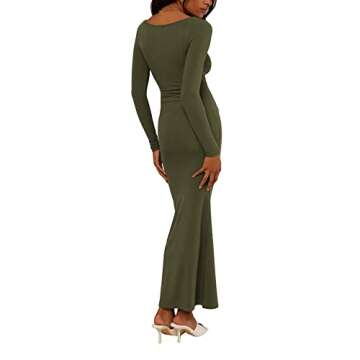 Antopmen Women Scoop Neck Lounge Long Sleeve Casual Maxi Dress Bodycon Ribbed Knitting Mermaid Long Dresses(Medium, ArmyGreen)