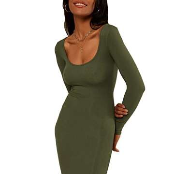 Antopmen Women Scoop Neck Lounge Long Sleeve Casual Maxi Dress Bodycon Ribbed Knitting Mermaid Long Dresses(Medium, ArmyGreen)