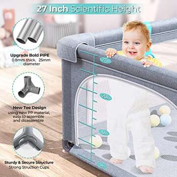 Baby Playpen, Extra Large Play Yard, Indoor & Outdoor Kids Safety Activity Center with Gate & Anti-Slip Rubber Bases, Big Safety Sturdiness Babys Fences for Babies, Infant, Toddler, Childs (Grey)