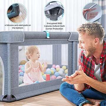 Baby Playpen, Extra Large Play Yard, Indoor & Outdoor Kids Safety Activity Center with Gate & Anti-Slip Rubber Bases, Big Safety Sturdiness Babys Fences for Babies, Infant, Toddler, Childs (Grey)