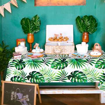 Remagr 3 Pcs Hawaiian Luau Party Tablecloth Tropical Palm Leaves Table Covers 54 x 108 Inch Plastic Disposable Table Decorations for Summer Beach Cocktail Aloha Safari Jungle Party Supplies