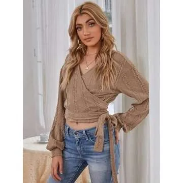 ZAFUL Women's V Neck Sweater Lantern Long Sleeve Pullover Cable Knit Crop Top Casual Tie Wrap Tunic Tops Blouses