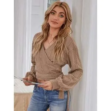 ZAFUL Women's V Neck Sweater Lantern Long Sleeve Pullover Cable Knit Crop Top Casual Tie Wrap Tunic Tops Blouses