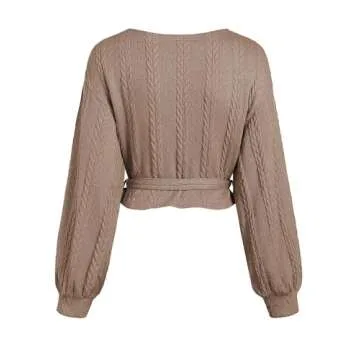 ZAFUL Women's V Neck Sweater Lantern Long Sleeve Pullover Cable Knit Crop Top Casual Tie Wrap Tunic Tops Blouses