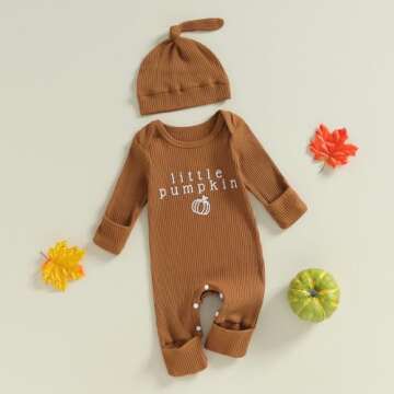 YOKJZJD Newborn Baby Boy Girl Halloween Outfit New To The Crew Knitted Long Sleeve Romper Jumpsuit with Hat Fall Clothes (Brown, 0-3 Months)