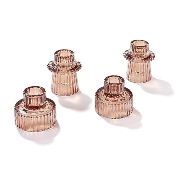 Amber Glass Candle Holders - Set of 4, Taper Candlestick Holder, Two Different Sizes, Modern Fluted ...