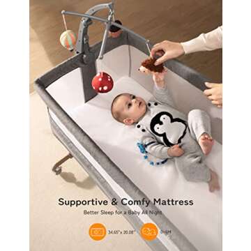 besrey 3 in 1 Baby Bassinets, Rocking Bedside Bassinet Sleeper with Mobile Toy Hanger, Baby Cradle for Newborn Infant with Larger Lockable 360° Swivel Wheels, 9 Height Positions, Storage Basket
