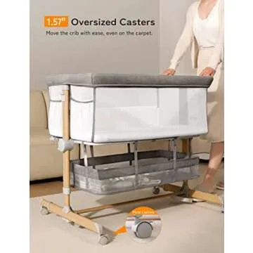 besrey 3 in 1 Baby Bassinets, Rocking Bedside Bassinet Sleeper with Mobile Toy Hanger, Baby Cradle for Newborn Infant with Larger Lockable 360° Swivel Wheels, 9 Height Positions, Storage Basket