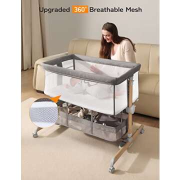 besrey 3 in 1 Baby Bassinets, Rocking Bedside Bassinet Sleeper with Mobile Toy Hanger, Baby Cradle for Newborn Infant with Larger Lockable 360° Swivel Wheels, 9 Height Positions, Storage Basket