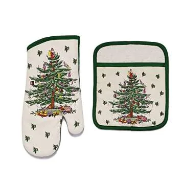 Spode - 2pc Kitchen Set, Matching Oven Mitt & Pot Holder, Holiday Home Decor (Spode Christmas Tree C...