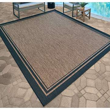 Gertmenian Indoor Outdoor Classic Flatweave Area Rug, Stain & UV Resistant Carpet, Deck, Patio, Poolside & Mudroom, 8x10 Ft Large, Border, Black Tan, 21515