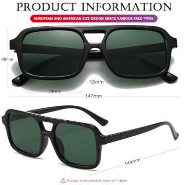 AIEYEZO Retro Square Sunglasses for Women Men Trendy Rectangle Aviator Sun Glasses Vintage 70s Shades (Black/G15)