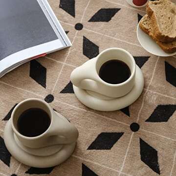 WENSHUO Chubby Funny Coffee Mug, Novelty Cute Cup and Saucer, Matte Crème, 9 oz