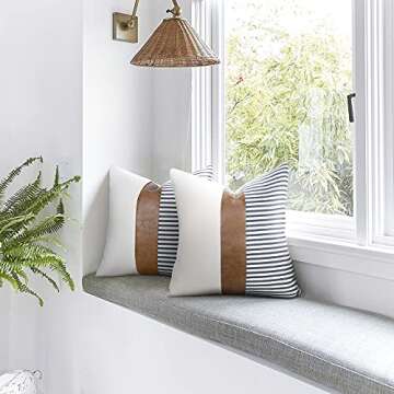 cygnus 20x20 Pillow Covers Set of 2 Farmhouse Decor Stripe Patchwork Linen Throw Pillow Covers Modern Faux Leather Covers for Couch Sofa, Gray