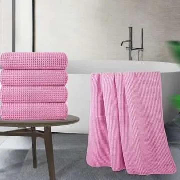 POLYTE Microfiber Oversize Quick Dry Lint Free Bath Towel, 60 x 30 in, 4 Pack (Pink, Waffle Weave)