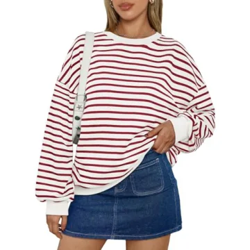 Trendy Queen Women's Oversized Crewneck Striped Sweatshirt Loose Fit Comfy Pullover Tops 2025 Fall F...