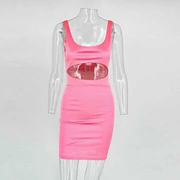 DRESSMECB Women's Sexy Kim Birthday Outfit Cut Out Satin Bodycon Mini Dresses Hot Pink Large