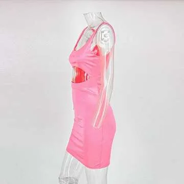 DRESSMECB Women's Sexy Kim Birthday Outfit Cut Out Satin Bodycon Mini Dresses Hot Pink Large
