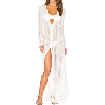 Ayliss Women's Lace Long Kimono Cardigan Maxi Bikini Swimsuit Cover Up,White