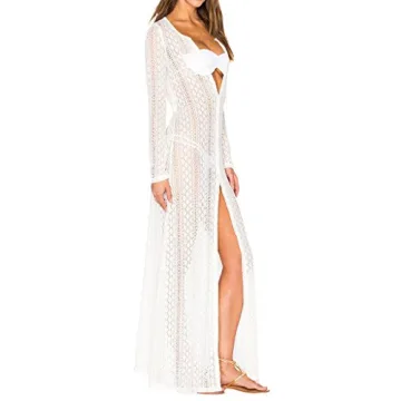 Ayliss Women's Lace Long Kimono Cardigan Maxi Bikini Swimsuit Cover Up,White