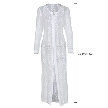 Ayliss Women's Lace Long Kimono Cardigan Maxi Bikini Swimsuit Cover Up,White