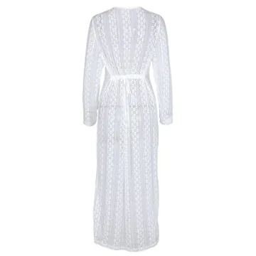 Ayliss Women's Lace Long Kimono Cardigan Maxi Bikini Swimsuit Cover Up,White